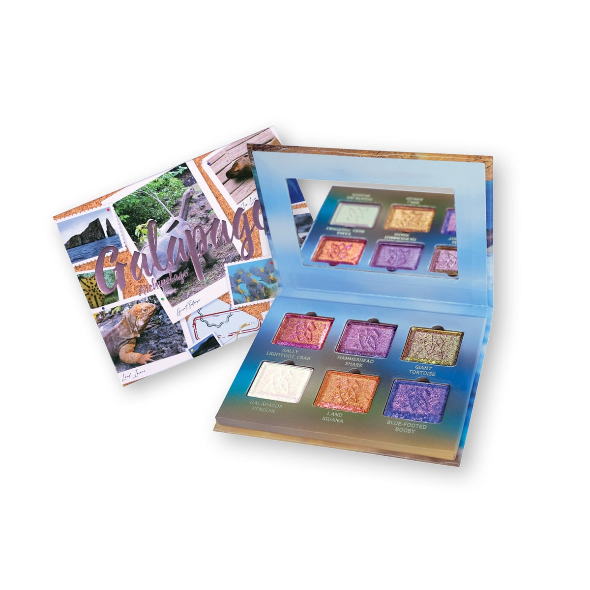 Galápagos Palette propped open displaying shadows with palette packaging visible behind on a white background.