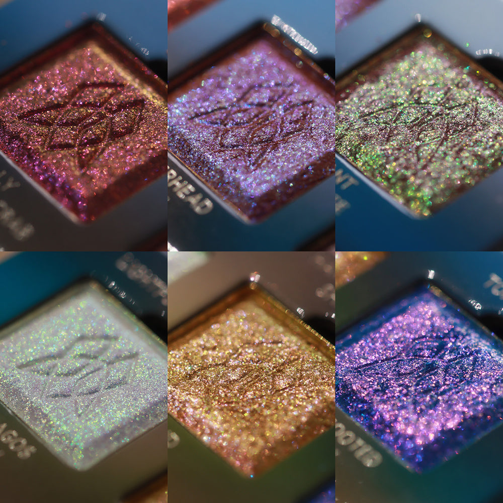 Close-up collage of six individual shadows in pans all from the Galápagos Palette.