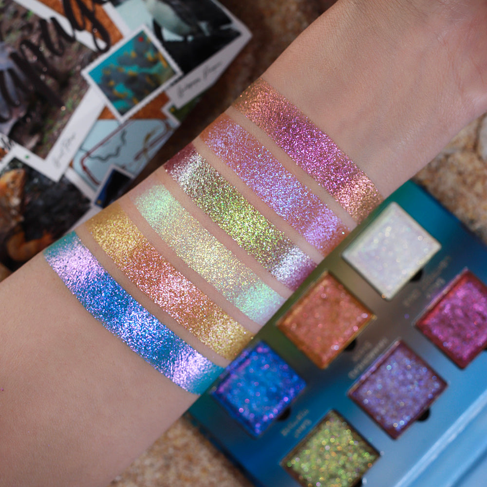 Arm swatches of all six Galápagos Palette shadows on fair skin tone. Open palette, packaging and sandy beach in background.
