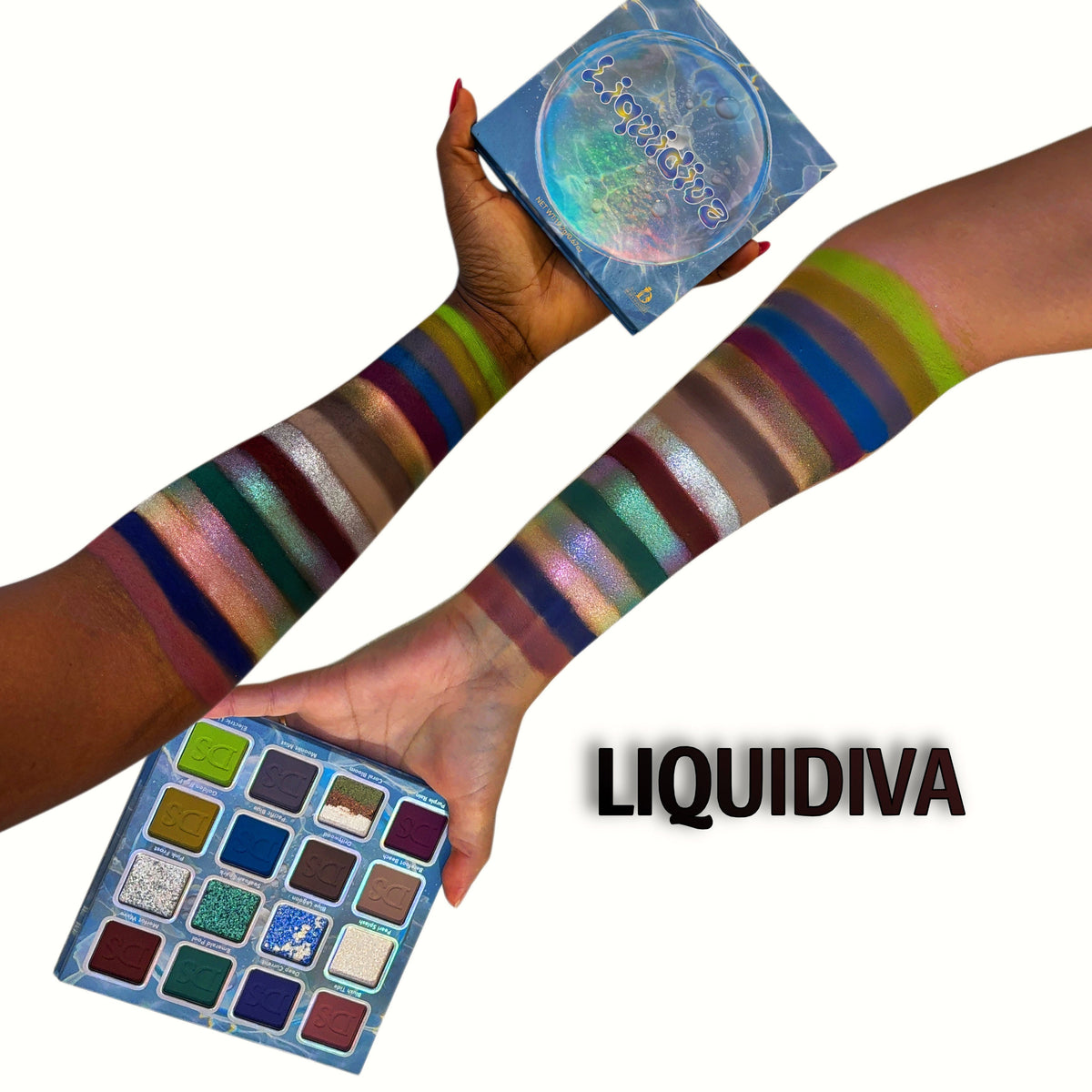 LIQUIDIVA von Dede Signature – Swatches der 16 Farben auf zwei Hauttönen