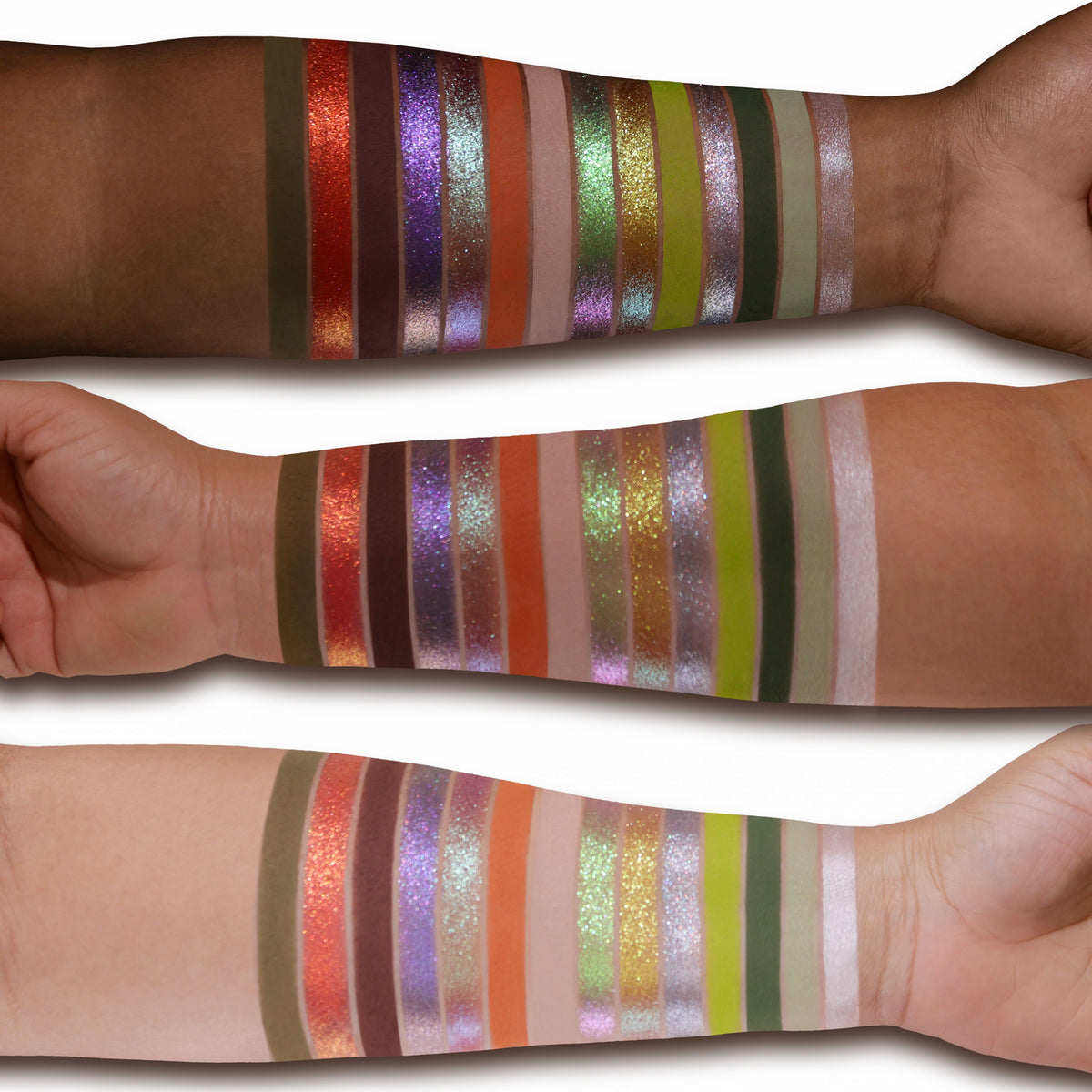 Coven Palette – Swatches auf drei Hauttönen