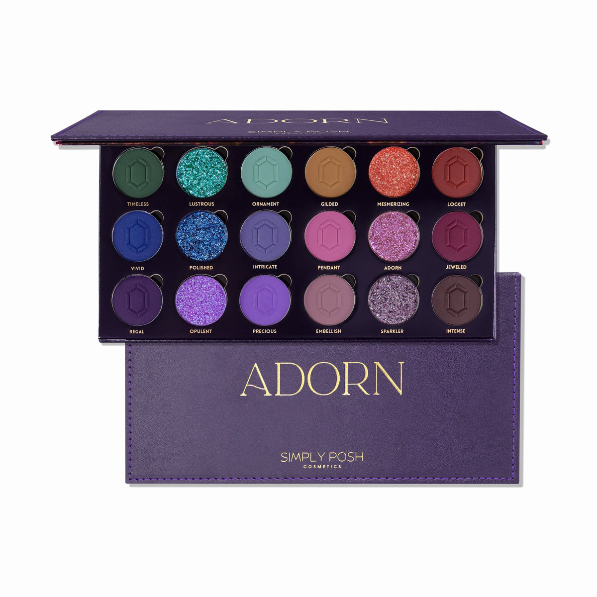 Adorn von Simply Posh Cosmetics – geöffnete Palette mit 18 Farben und violetter Verpackung